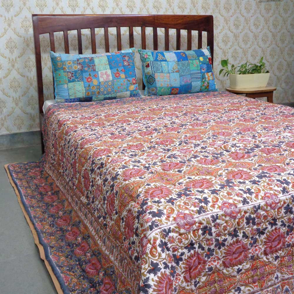 Hand Block Printed Cotton Quilt King Size Bird Of Paradise Gud 204347
