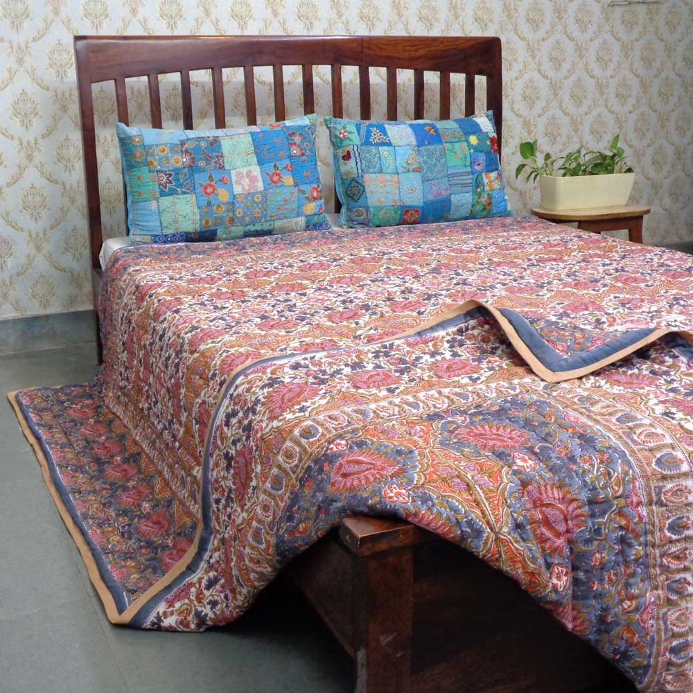 Hand Block Printed Cotton Quilt King Size Bird Of Paradise Gud 204347