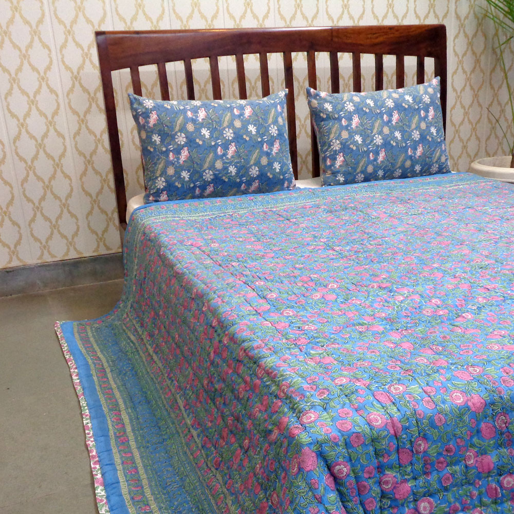 Hand Block Printed Cotton Quilt King Size Blue Pink Blossom 701397