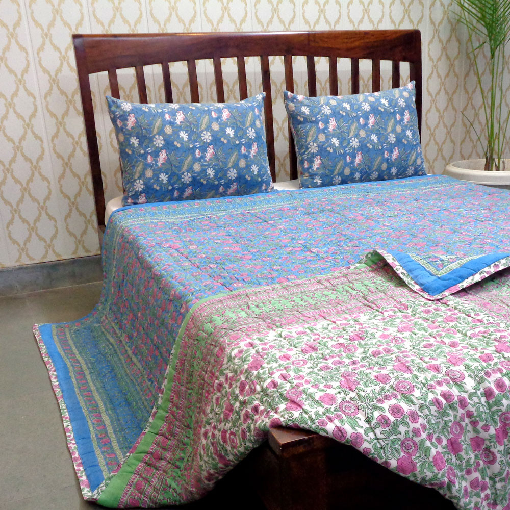 Hand Block Printed Cotton Quilt King Size Blue Pink Blossom 701397