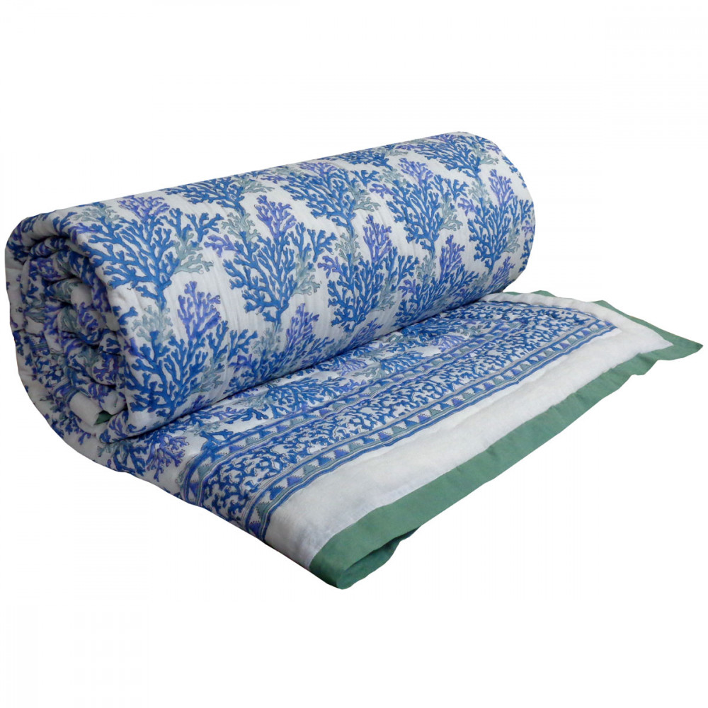 Image of Hand Block Printed Cotton Quilt King Size | Coral Multi Blue 502087