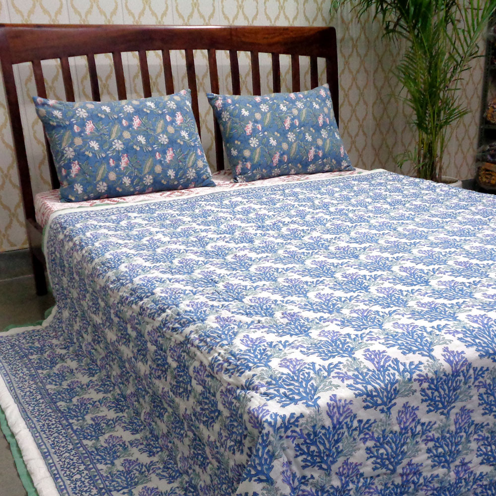 Hand Block Printed Cotton Quilt King Size  Coral Multi Blue 502087