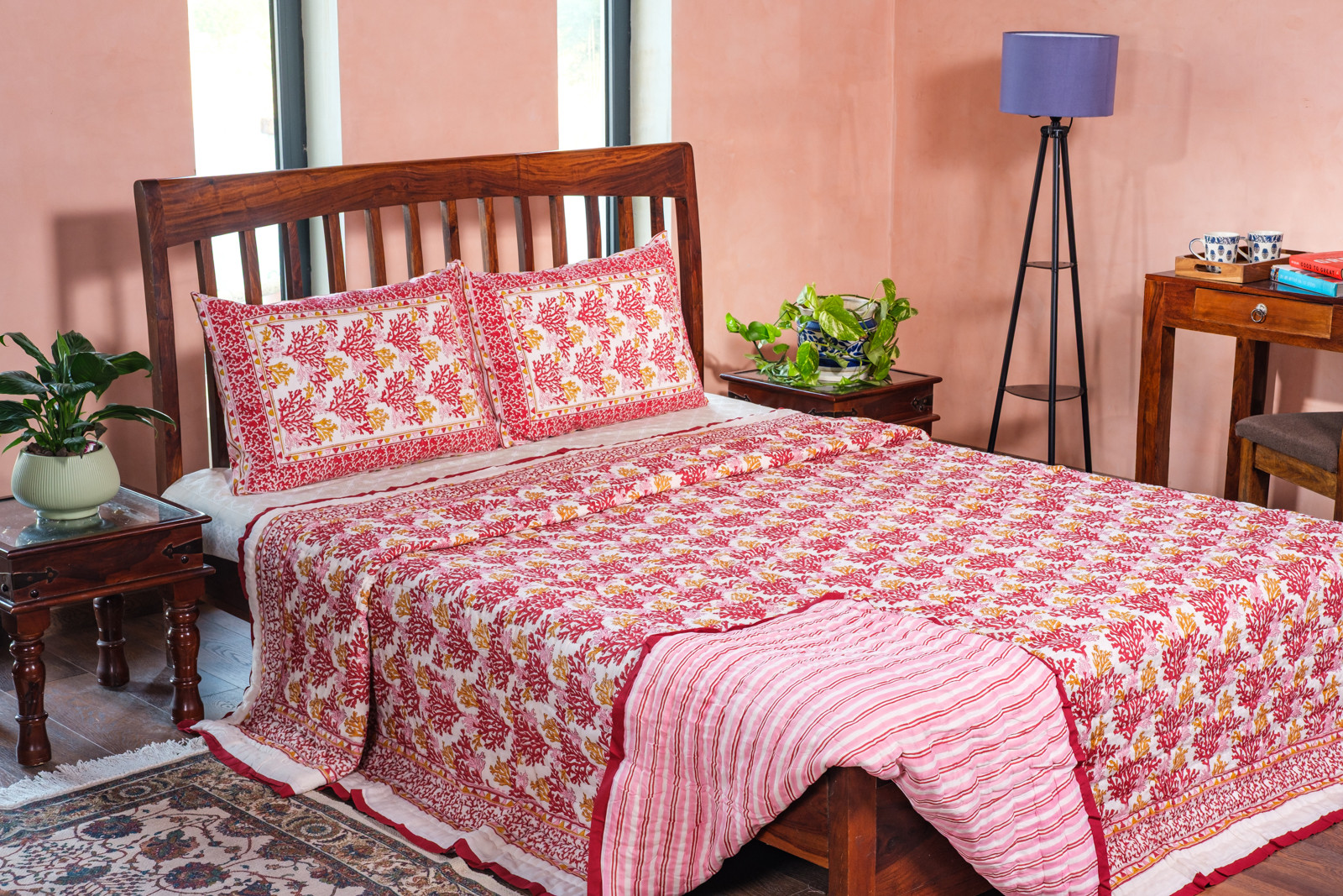 Hand Block Printed Cotton Quilt King Size Coral Multi Red 701927