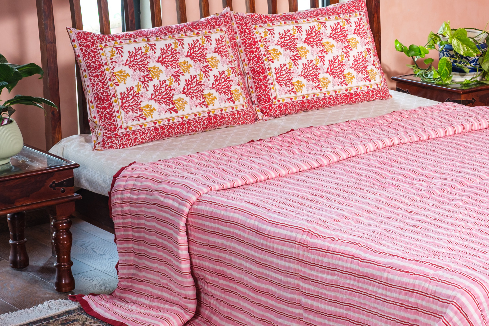 Hand Block Printed Cotton Quilt King Size Coral Multi Red 701927