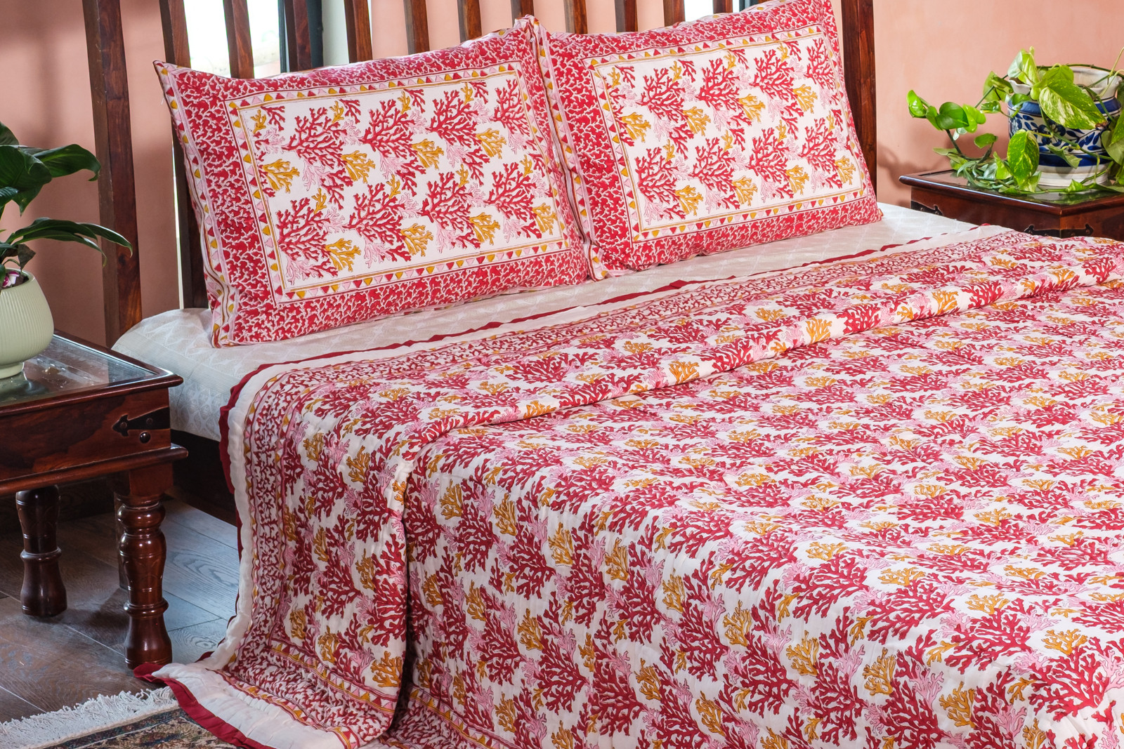 Hand Block Printed Cotton Quilt King Size Coral Multi Red 701927