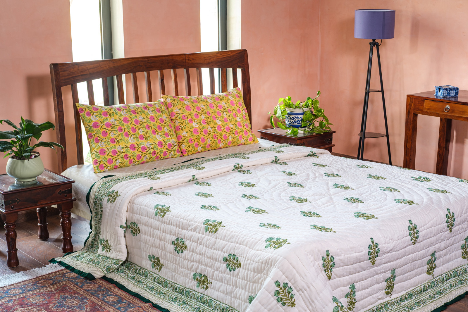 Hand Block Printed Cotton Quilt King Size Hari Bagia Jaal 605170