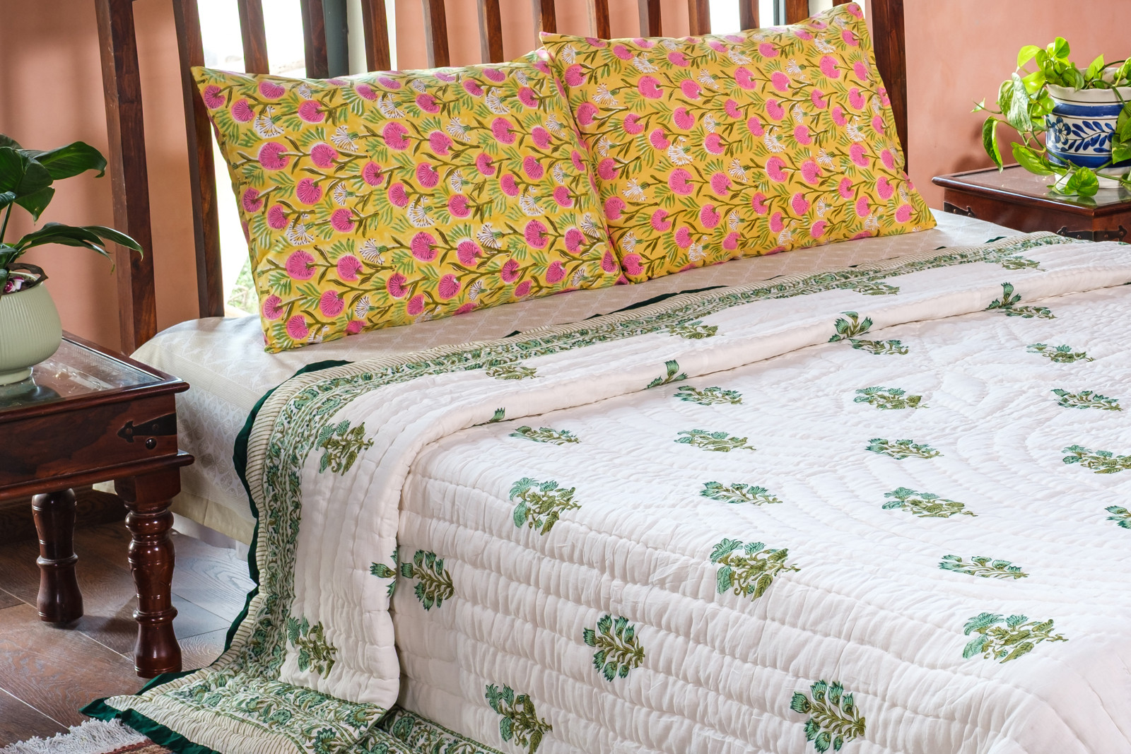 Hand Block Printed Cotton Quilt King Size  Hari Bagia Jaal 605170