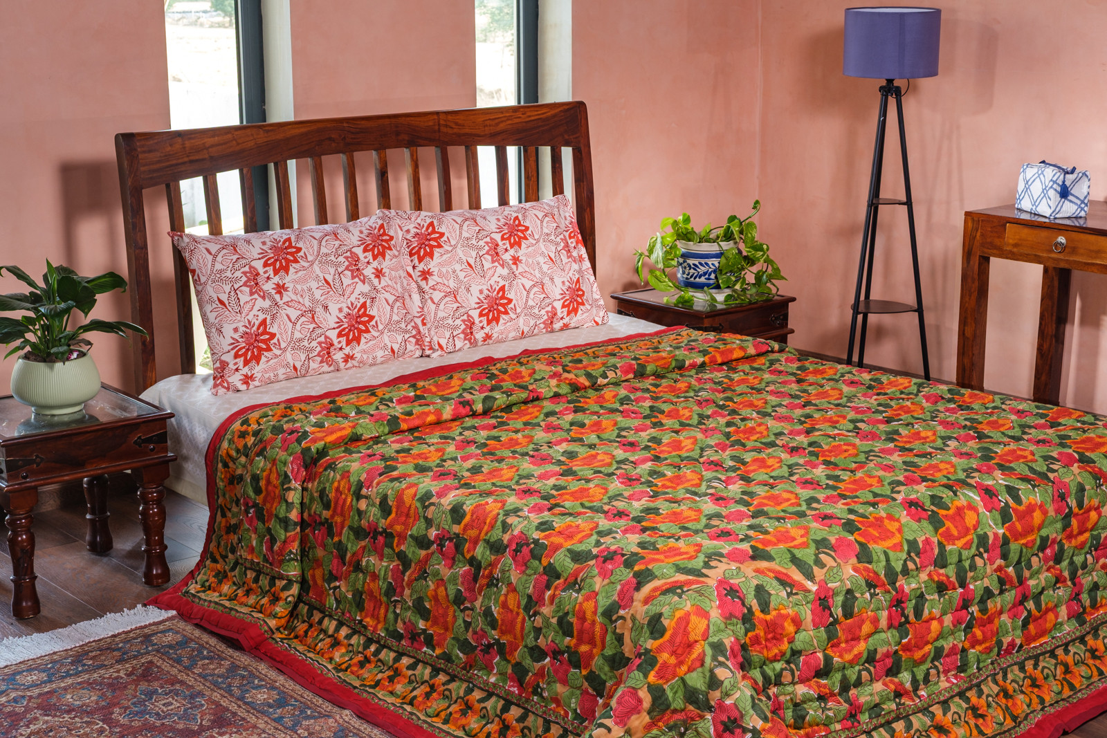 Hand Block Printed Cotton Quilt King Size  Orange Patti 509089