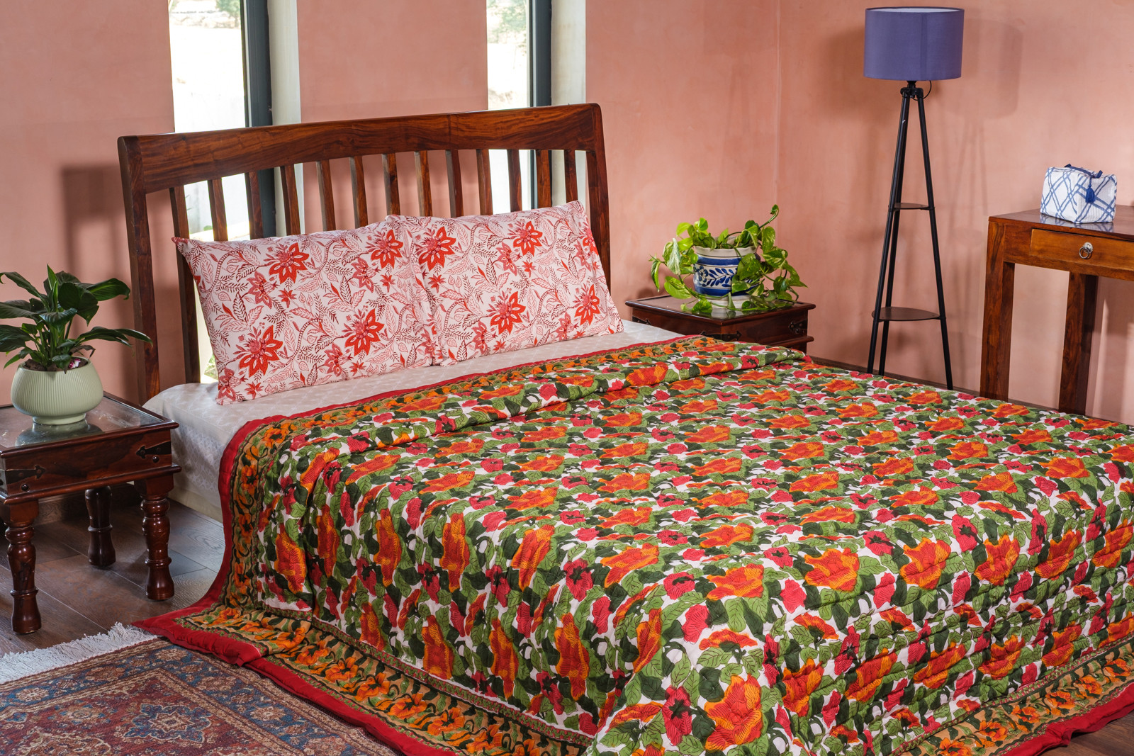 Hand Block Printed Cotton Quilt King Size Orange Patti 509089