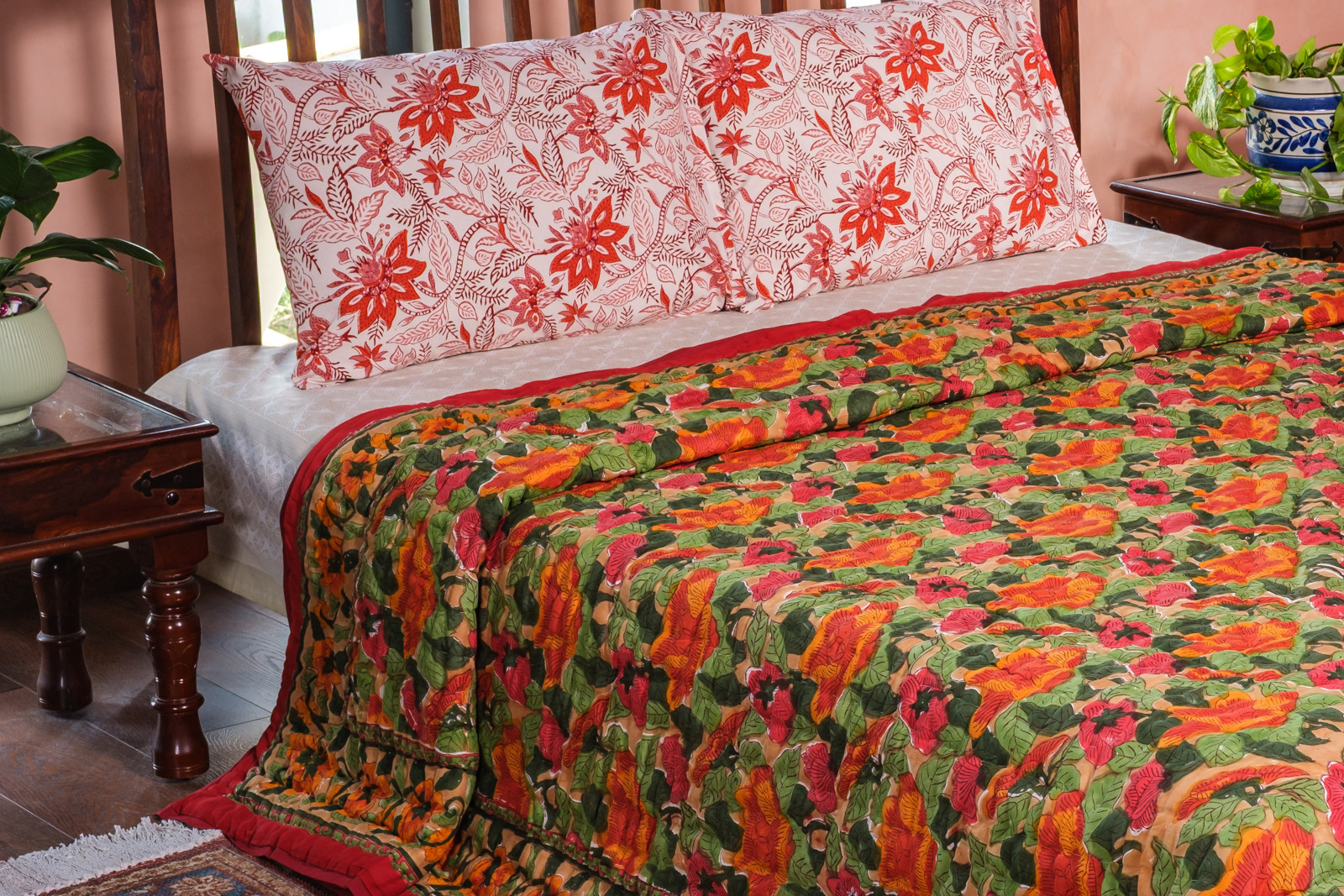 Hand Block Printed Cotton Quilt King Size  Orange Patti 509089