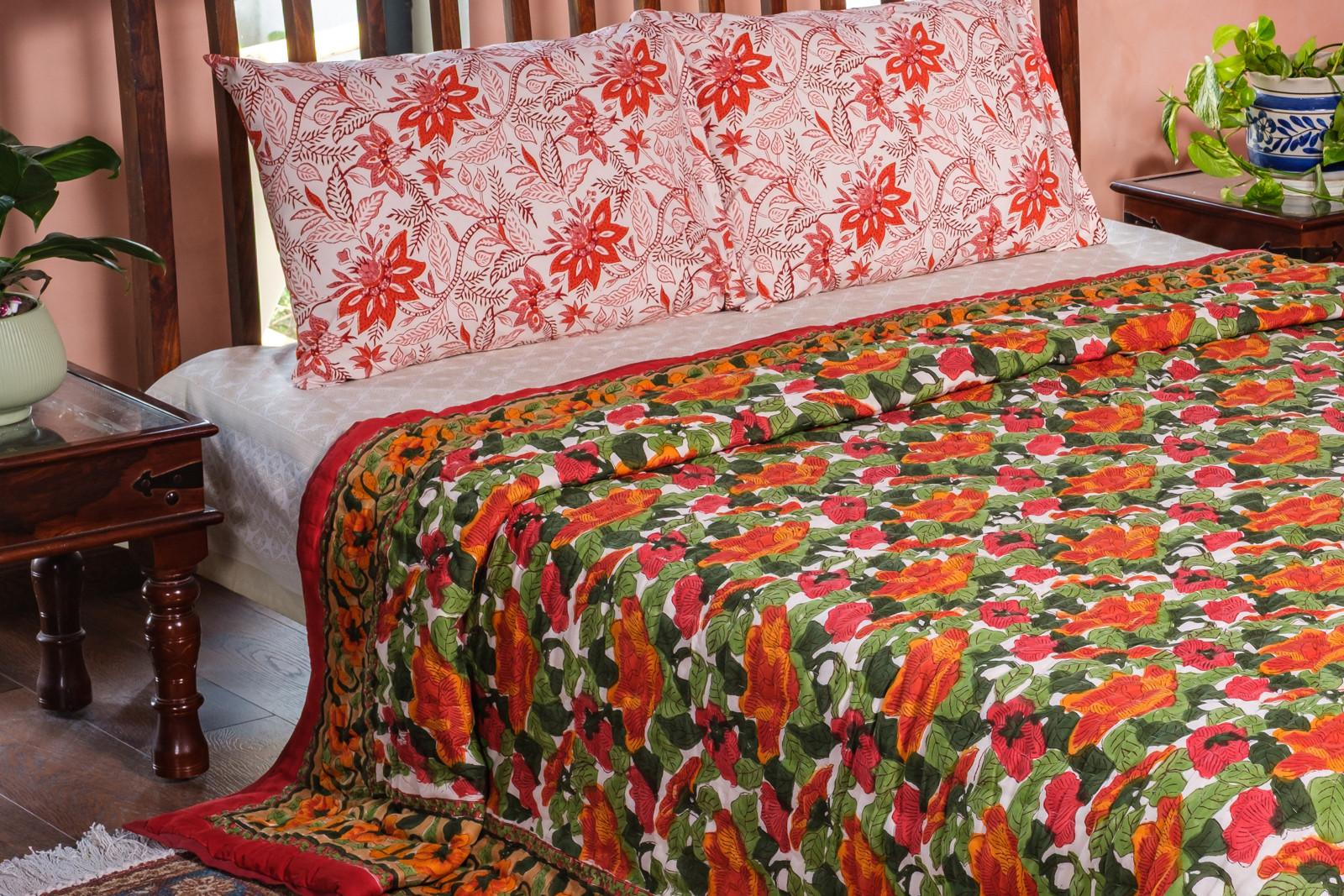Hand Block Printed Cotton Quilt King Size Orange Patti 509089