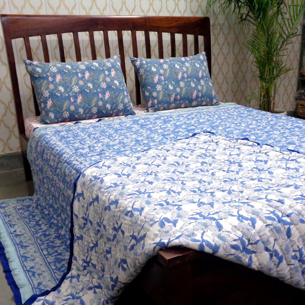Hand Block Printed Cotton Quilt King Size  Orchid Aqua 203890
