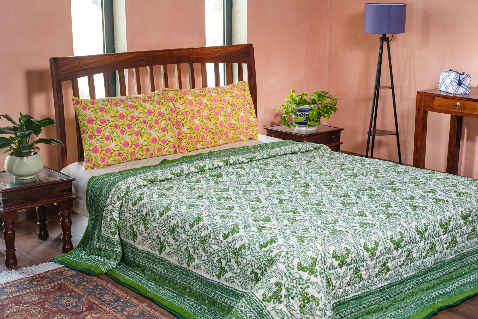 Hand Block Printed Cotton Quilt King Size Raat Ki Rani Green 207006