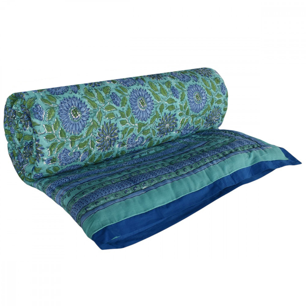 Image of Hand Block Printed Cotton Quilt King Size | Surajmukhi Blue Gud 106164