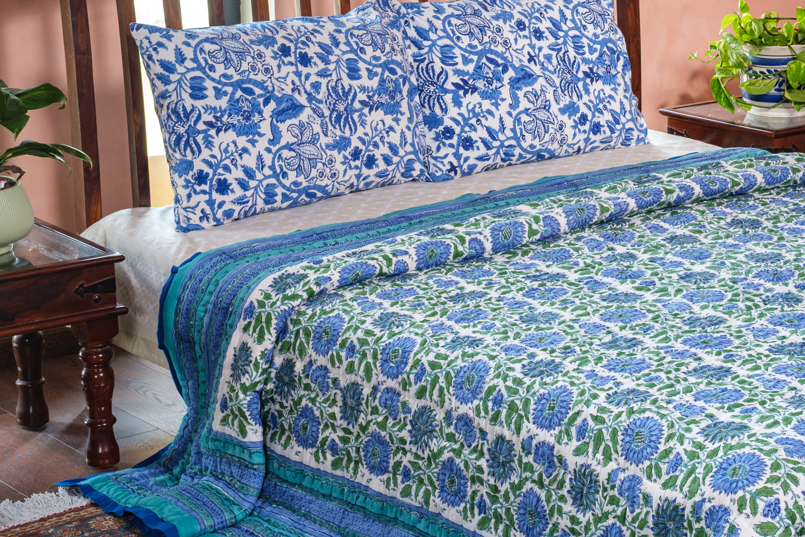 Hand Block Printed Cotton Quilt King Size Surajmukhi Blue Gud 106164