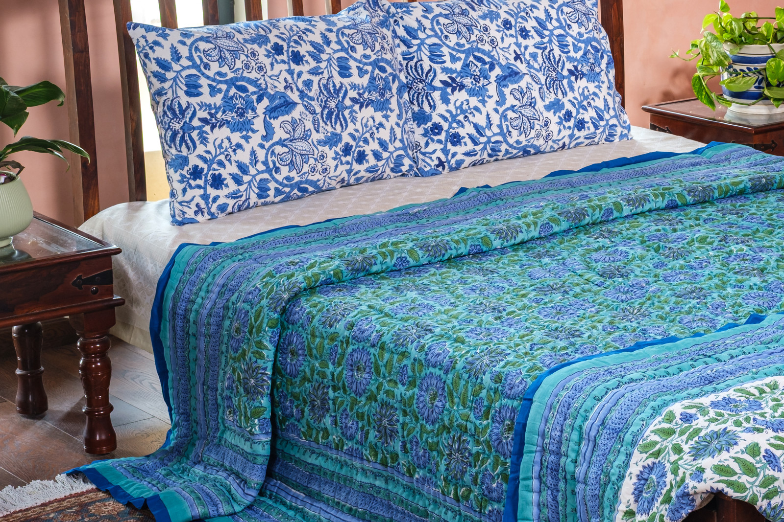 Hand Block Printed Cotton Quilt King Size Surajmukhi Blue Gud 106164