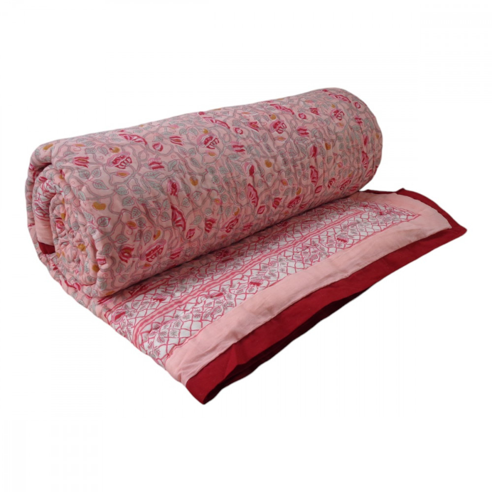 Image of Hand Block Printed Cotton Quilt King Size | Waterlily Pink Gud 906174