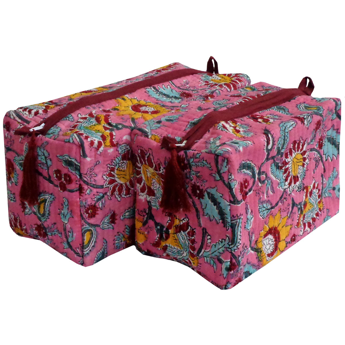 Hand Block Printed Cotton Quilted Cosmetic Bag Phuljhari Pink Gud 204756