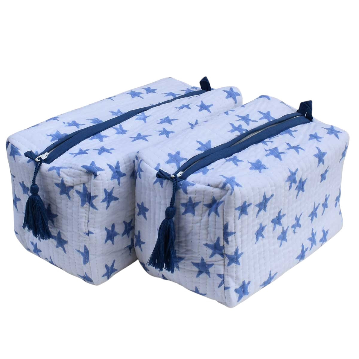 Hand Block Printed Cotton Quilted Cosmetic Bag Set of 2 Star Blue 202509