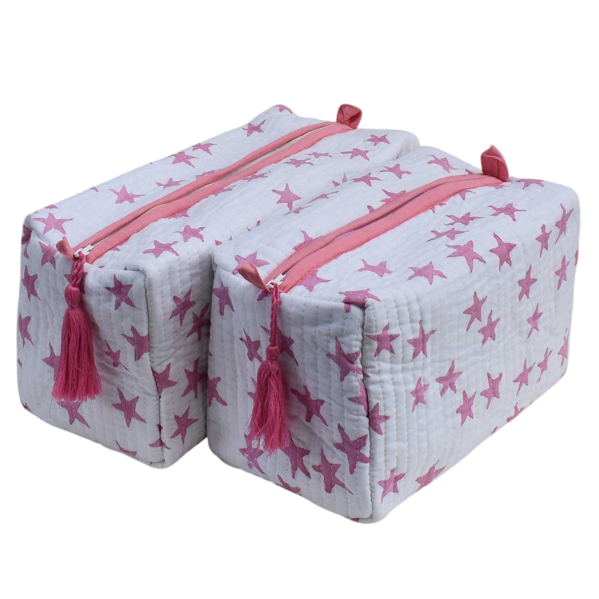 Hand Block Printed Cotton Quilted Cosmetic Bag Set of 2 Star Pink 202511