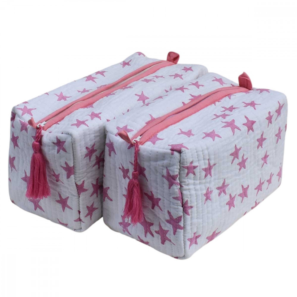 Image of Hand Block Printed Cotton Quilted Cosmetic Bag (Set of 2) |  Star Pink 202511