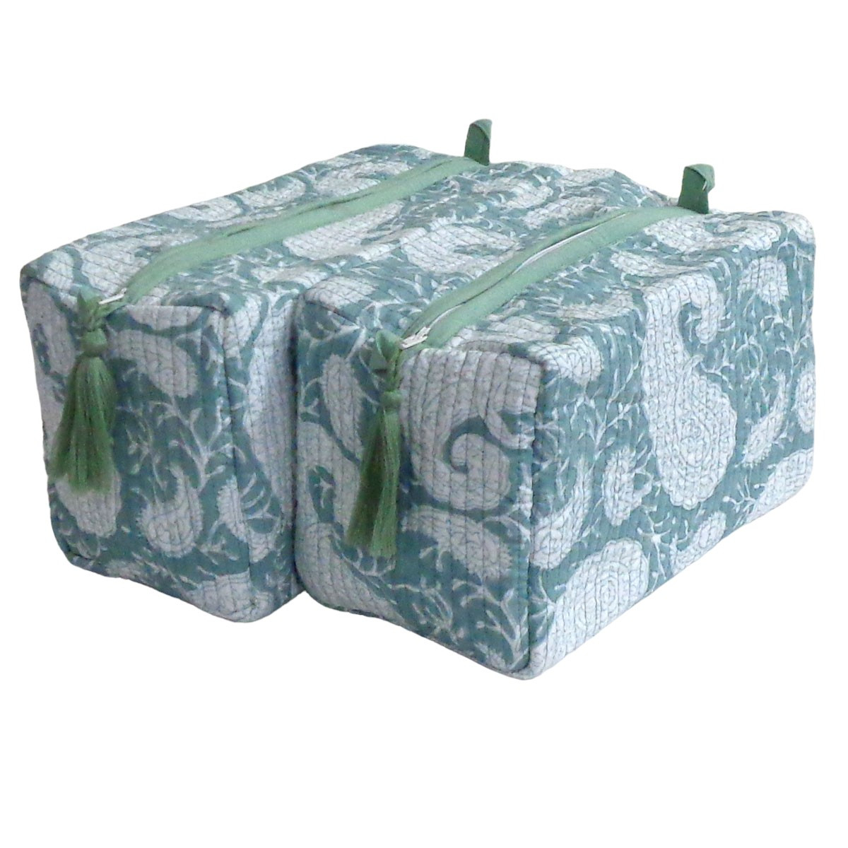 Hand Block Printed Cotton Quilted Cosmetic Bag Set of 2 Ambi Mineral Blue Gud 201582