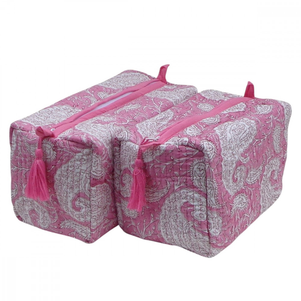 Image of Hand Block Printed Cotton Quilted Cosmetic Bag (Set of 2) | Ambi Pink Gud 201563