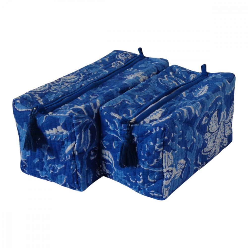 Image of Hand Block Printed Cotton Quilted Cosmetic Bag (Set of 2) | Anarkali Blue Gud 106797