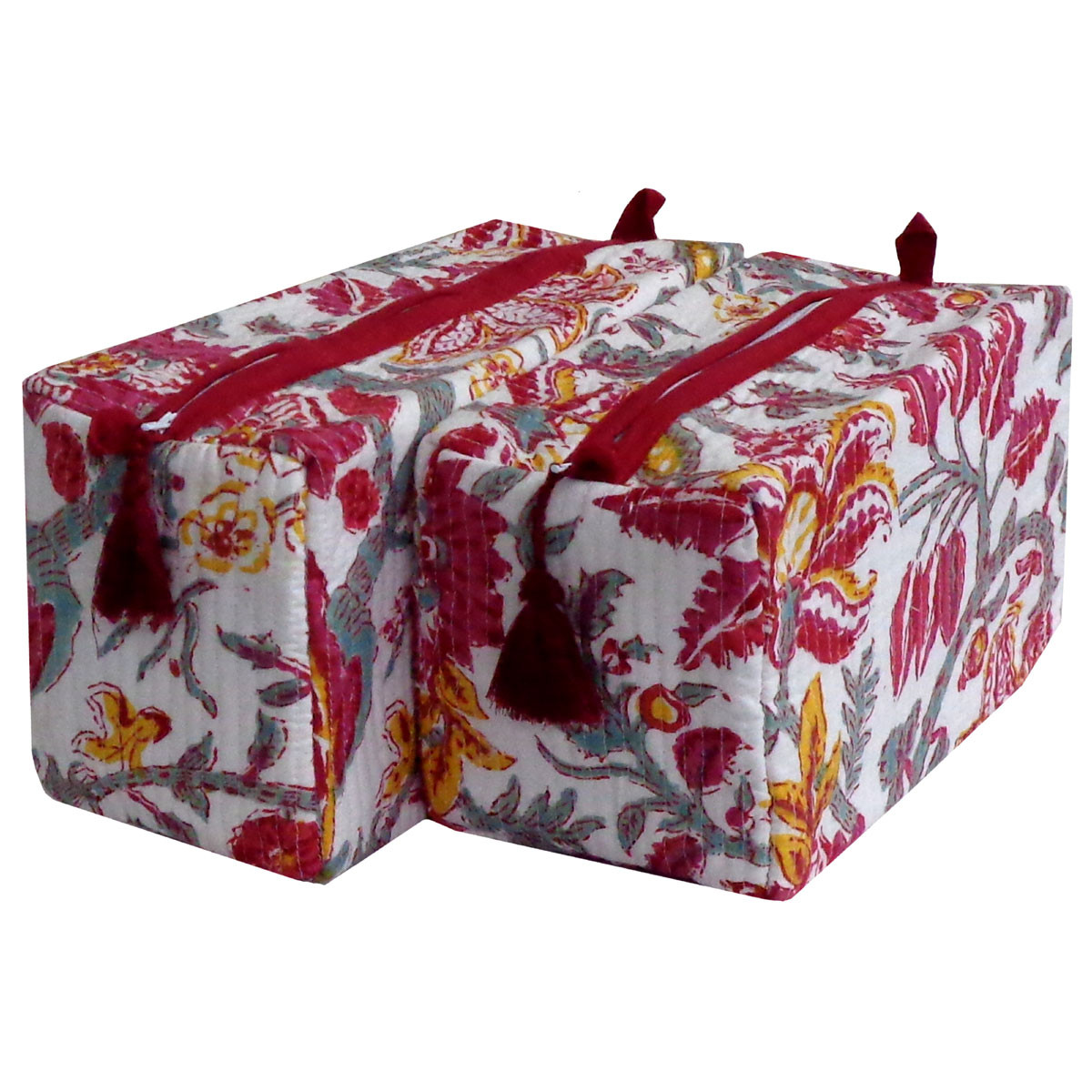 Hand Block Printed Cotton Quilted Cosmetic Bag Set of 2  Anarkali Red Open 200652