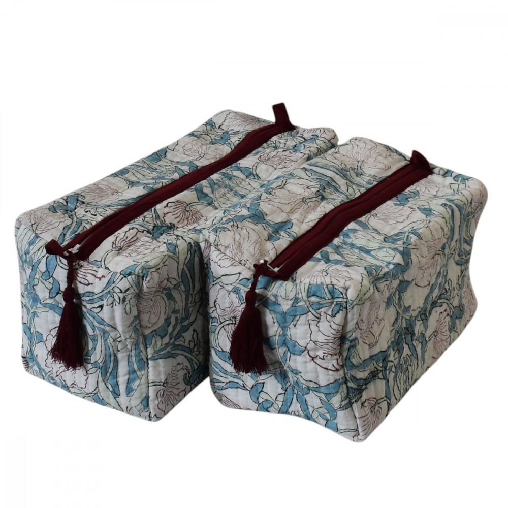 Image of Hand Block Printed Cotton Quilted Cosmetic Bag (Set of 2) | Bauhaus Pink Open 601781