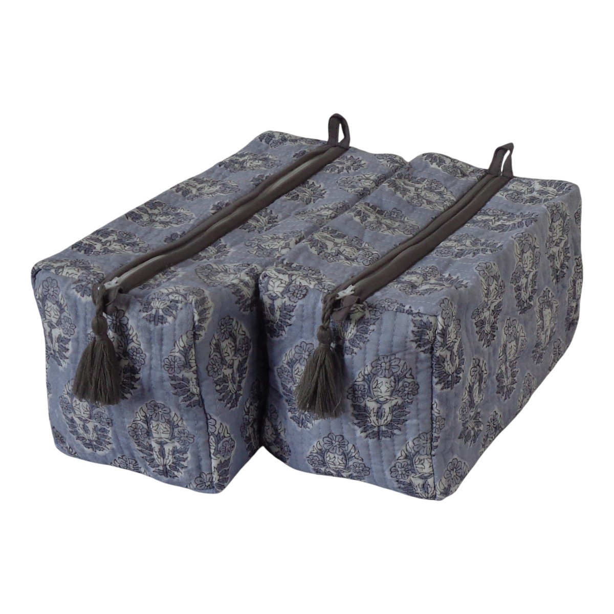 Hand Block Printed Cotton Quilted Cosmetic Bag Set of 2 Boota Grey Gud 207972