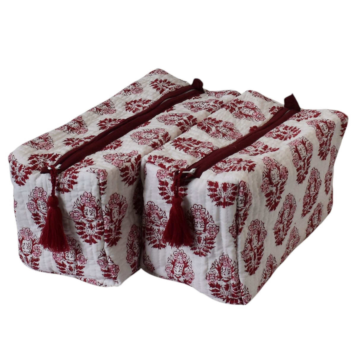 Hand Block Printed Cotton Quilted Cosmetic Bag Set of 2 Boota Lolipop 302334