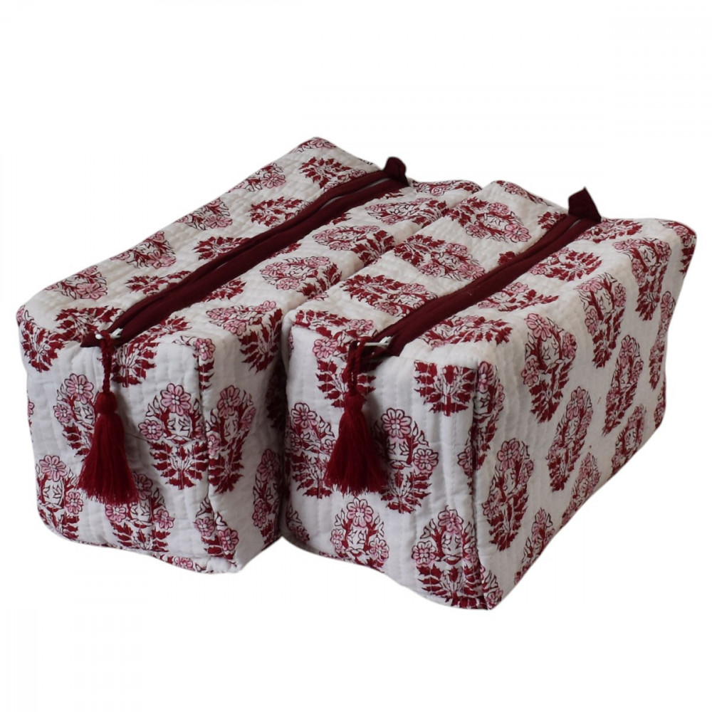 Image of Hand Block Printed Cotton Quilted Cosmetic Bag (Set of 2) | Boota Lolipop 302334