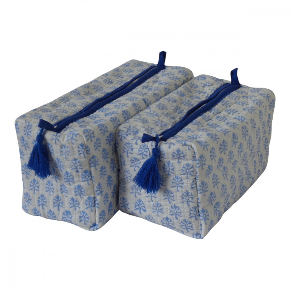 Image of Hand Block Printed Cotton Quilted Cosmetic Bag (Set of 2) | Booti Blue 400385