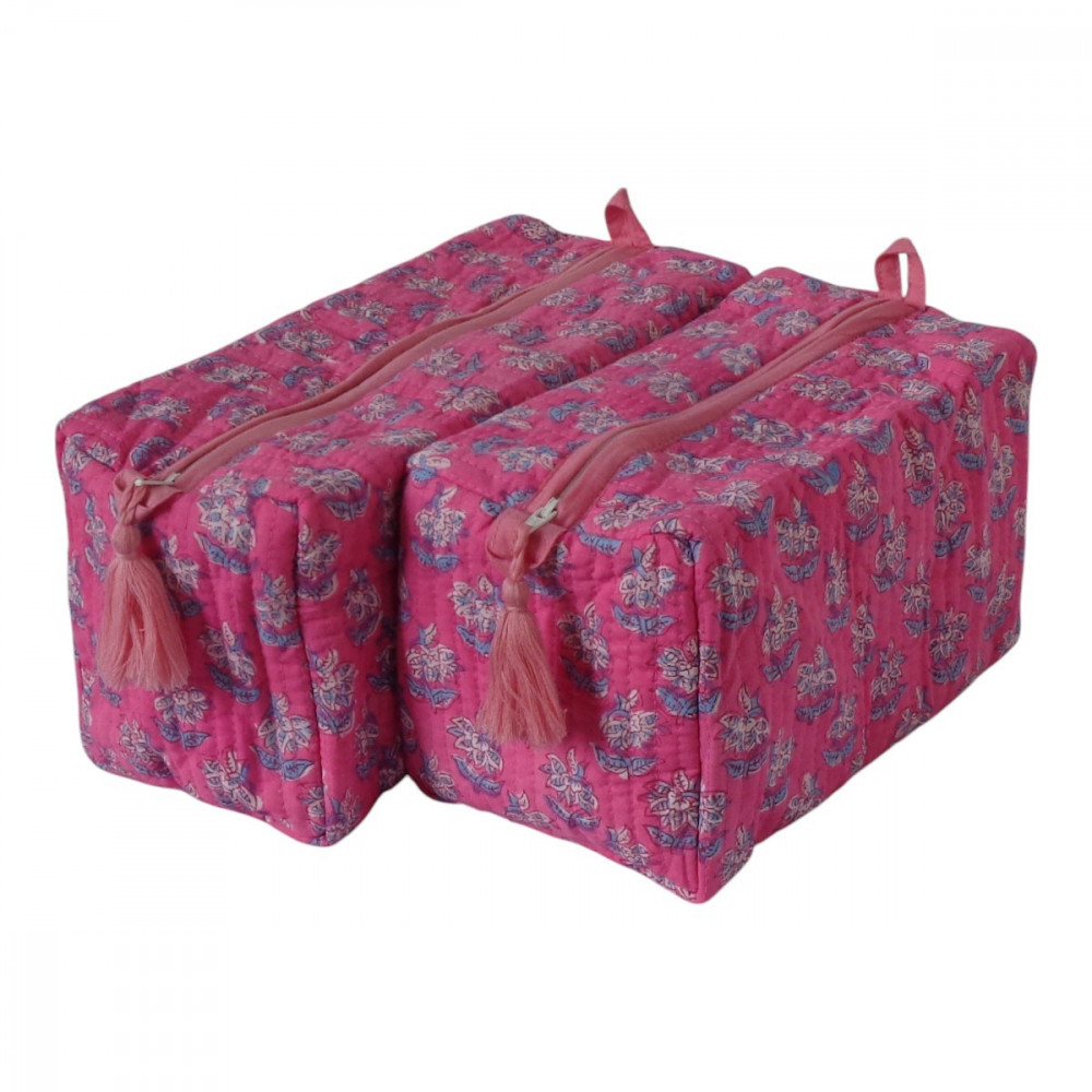 Image of Hand Block Printed Cotton Quilted Cosmetic Bag (Set of 2) | Booti Candy Multi 200866