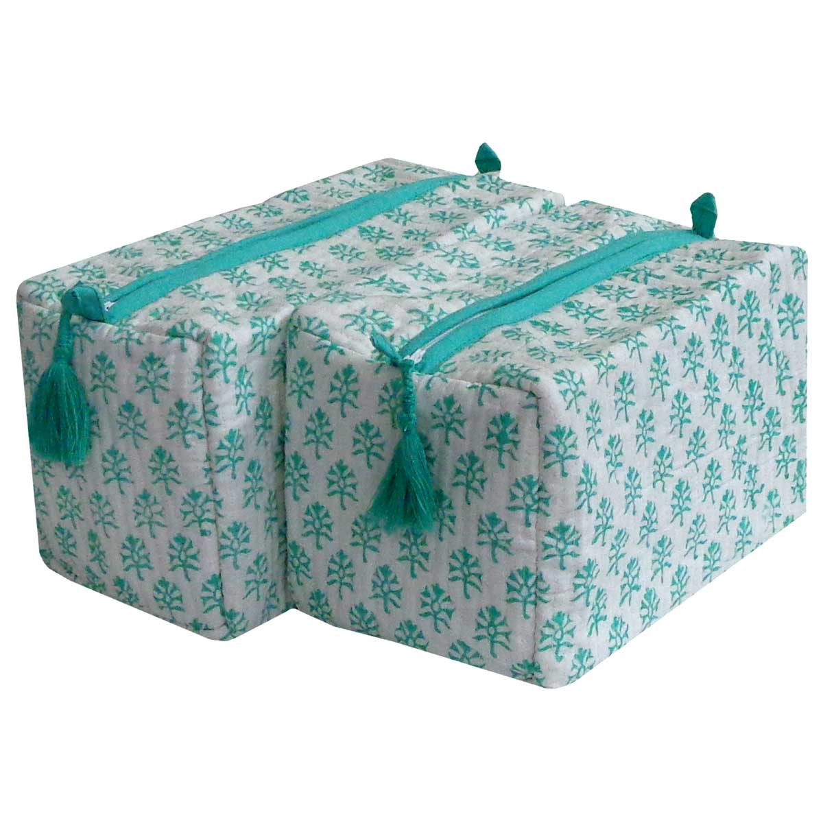 Hand Block Printed Cotton Quilted Cosmetic Bag Set of 2  Booti Green 101798
