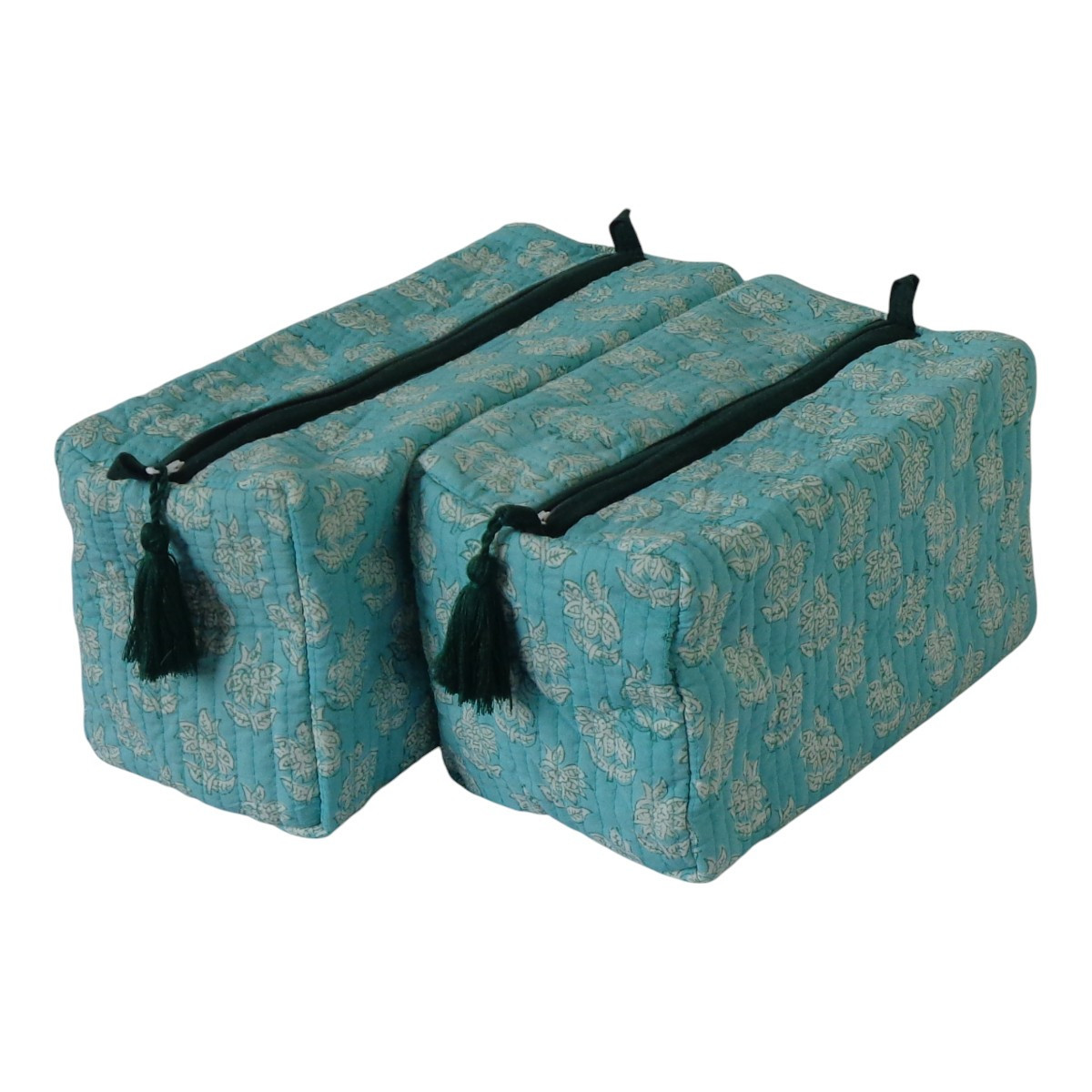 Hand Block Printed Cotton Quilted Cosmetic Bag Set of 2  Booti Teal White 620604