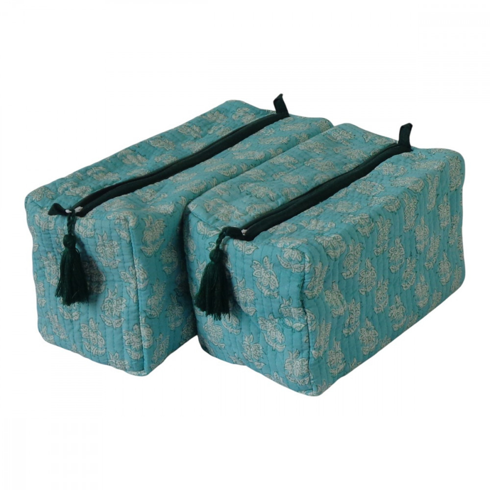 Image of Hand Block Printed Cotton Quilted Cosmetic Bag (Set of 2) | Booti Teal White 620604