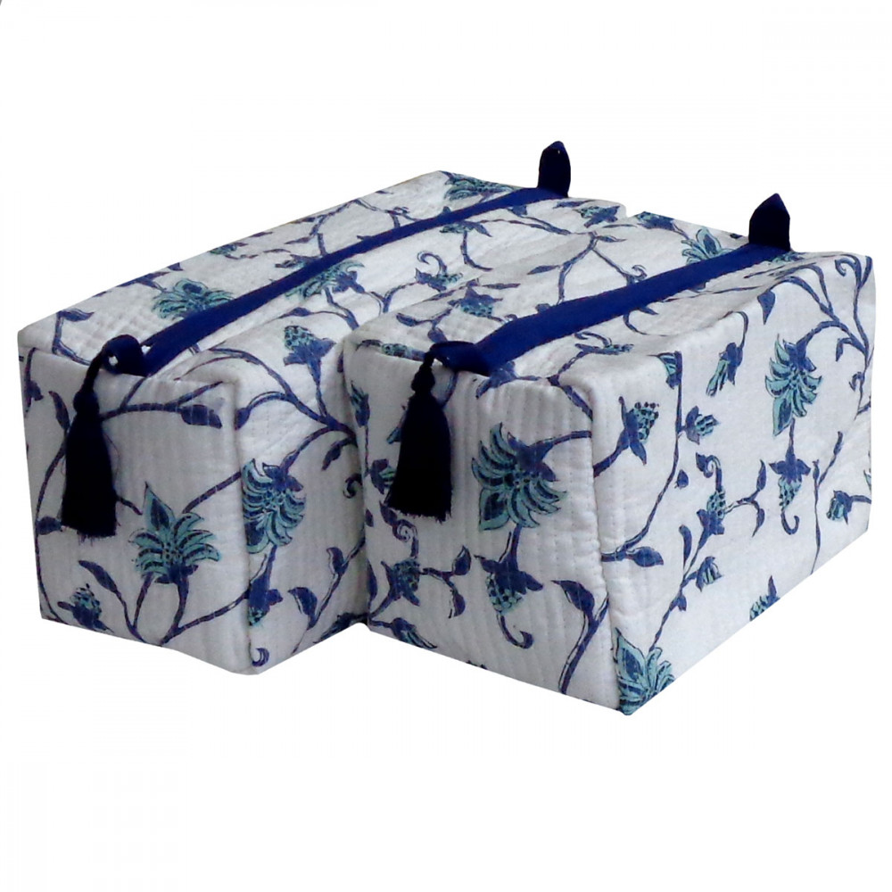 Image of Hand Block Printed Cotton Quilted Cosmetic Bag (Set of 2) | Floral Bale Blue 307035