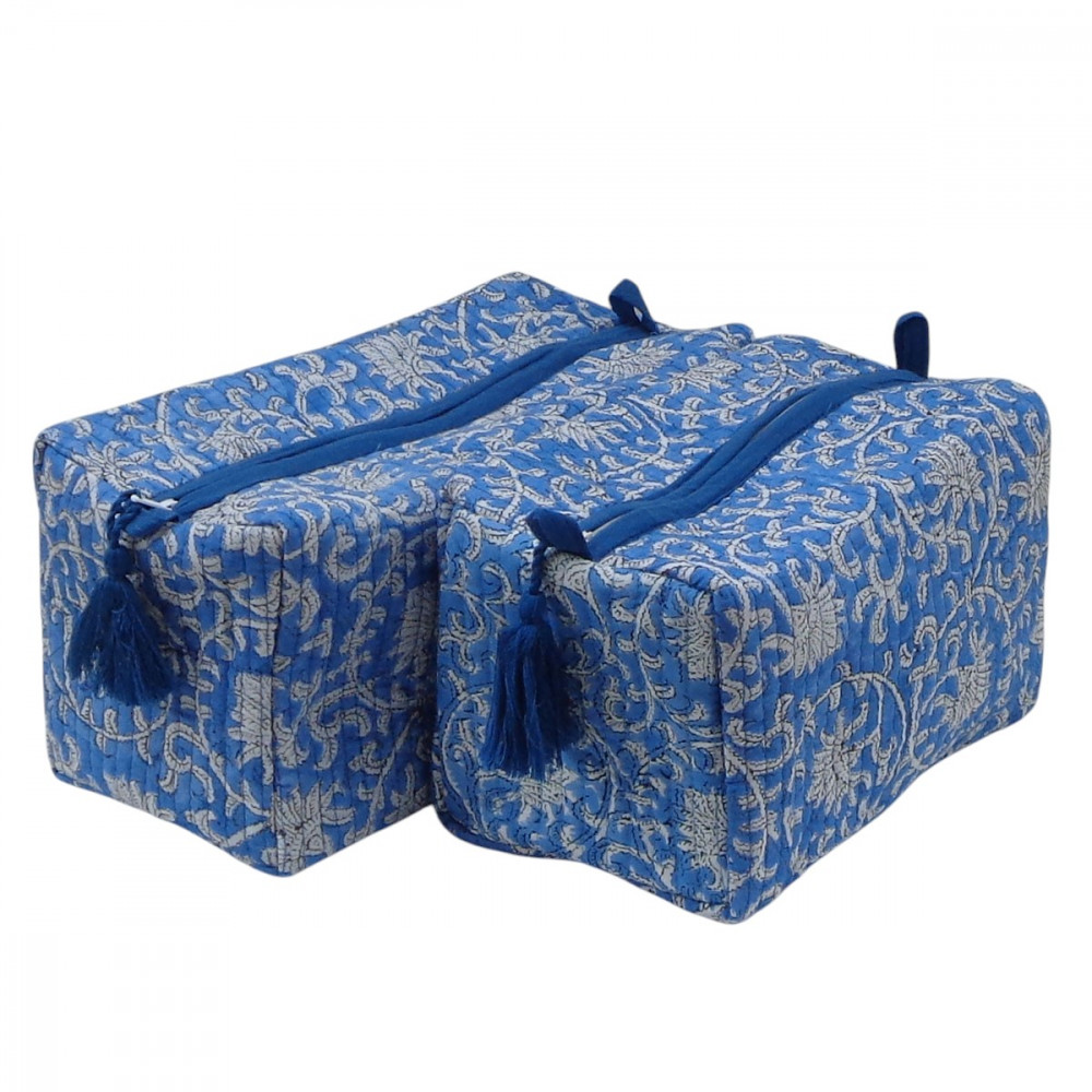 Image of Hand Block Printed Cotton Quilted Cosmetic Bag (Set of 2) | Floral Blue 701945