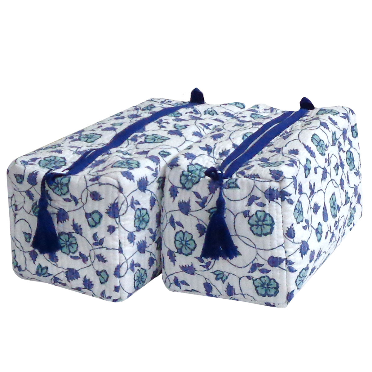 Hand Block Printed Cotton Quilted Cosmetic Bag Set of 2 Floral Kali Blue 203903