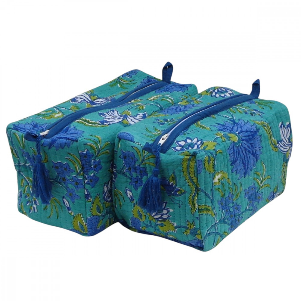 Image of Hand Block Printed Cotton Quilted Cosmetic Bag (Set of 2) | Flower Blossom Sea Green Gud 106040