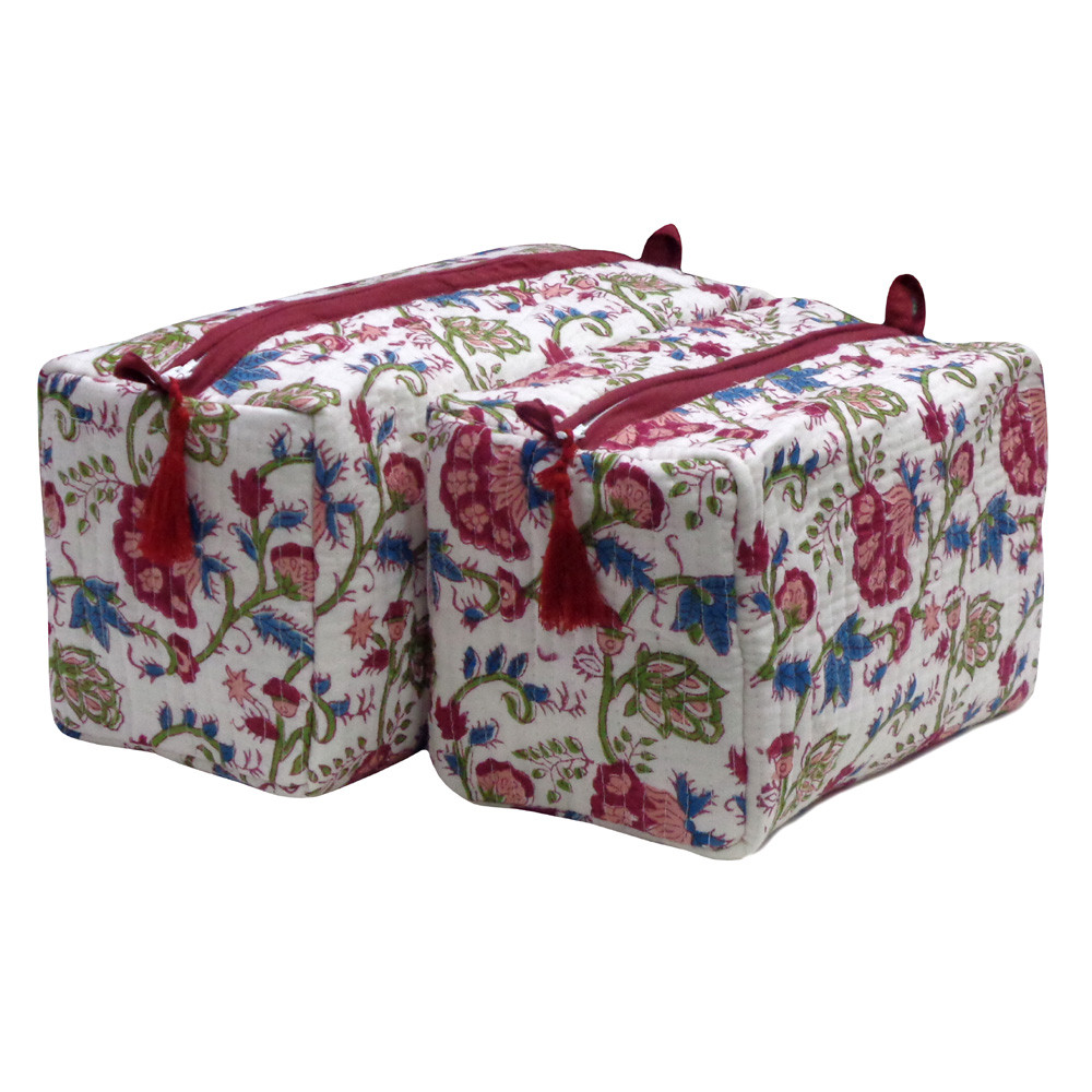 Hand Block Printed Cotton Quilted Cosmetic Bag Set of 2  Genda Bale 204998
