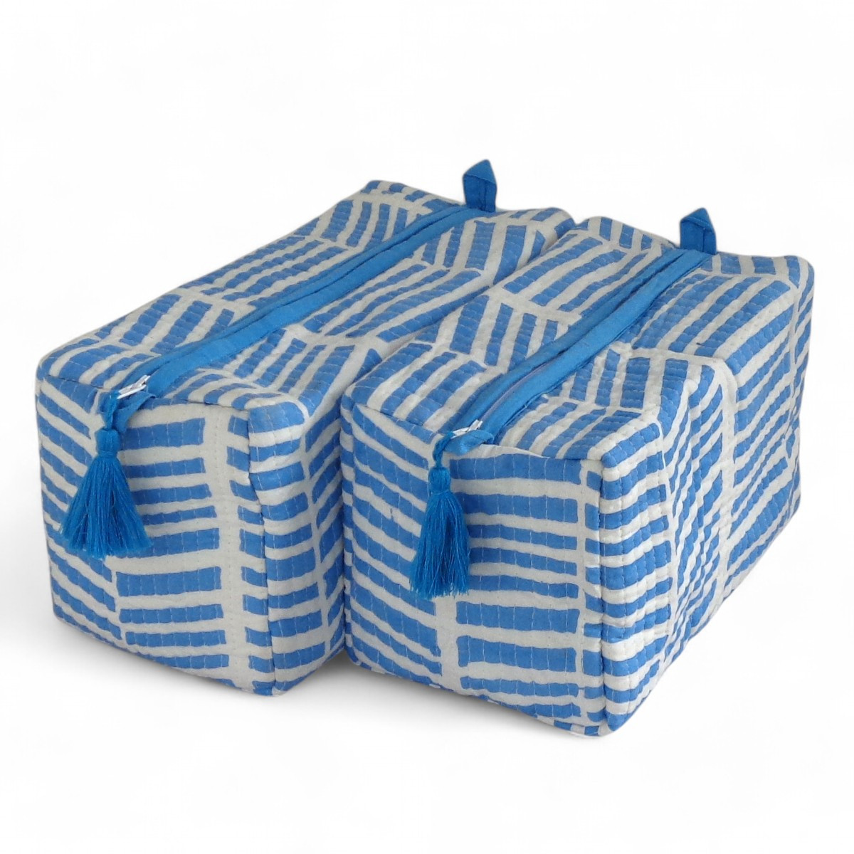 Hand Block Printed Cotton Quilted Cosmetic Bag Set of 2  Herringbone Palace Blue 206850