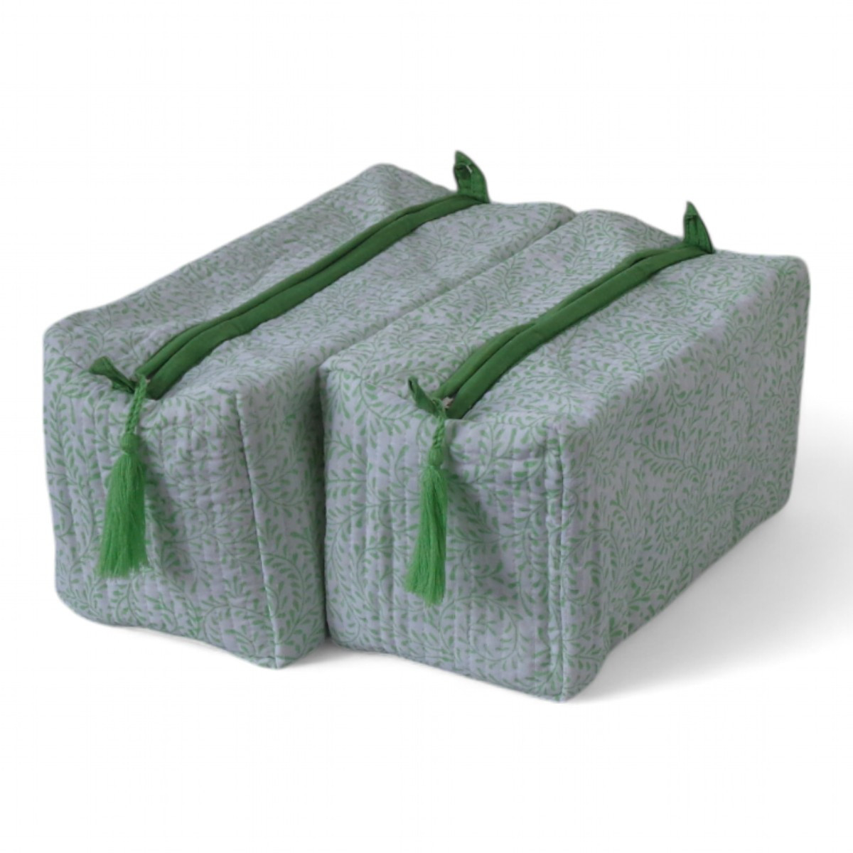 Hand Block Printed Cotton Quilted Cosmetic Bag Set of 2 Leaves Green 100470