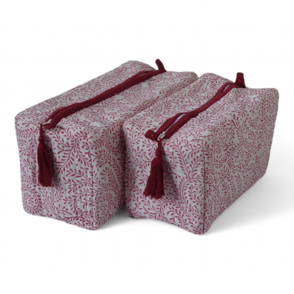 Hand Block Printed Cotton Quilted Cosmetic Bag Set of 2 Leaves Pink 201564