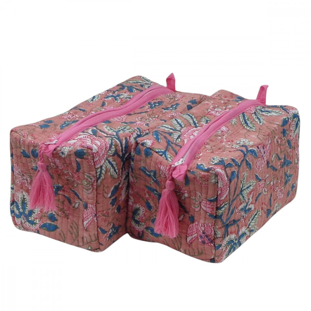 Image of Hand Block Printed Cotton Quilted Cosmetic Bag (Set of 2) | Misty Rose Gud 202873