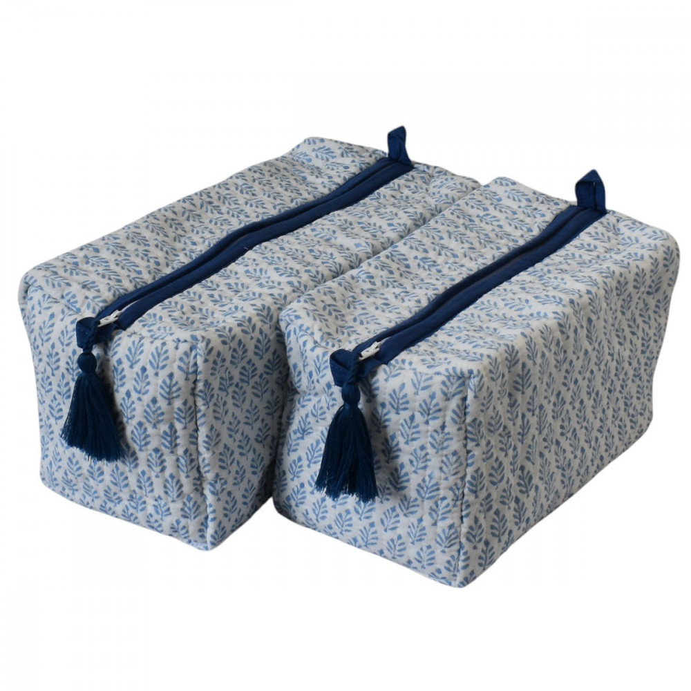 Image of Hand Block Printed Cotton Quilted Cosmetic Bag (Set of 2) | Neem Booti Blue 207699