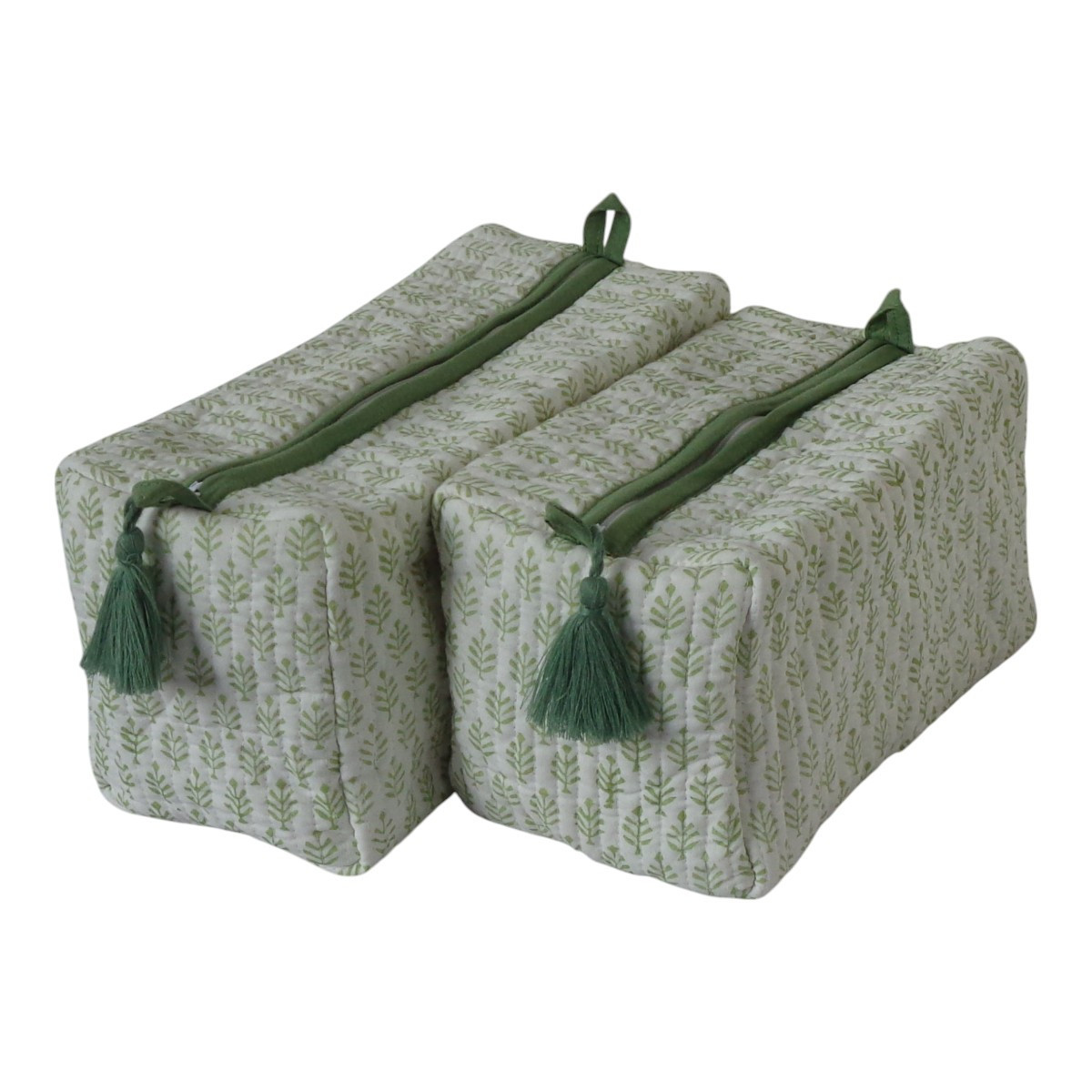 Hand Block Printed Cotton Quilted Cosmetic Bag Set of 2 Neem Booti Celadon Green 207895