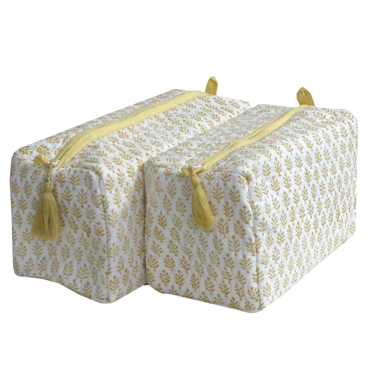 Hand Block Printed Cotton Quilted Cosmetic Bag Set of 2 Neem Booti Golden Brown 208276